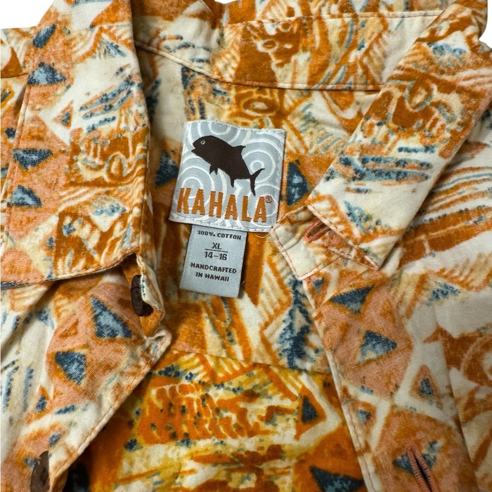 Kahala | Hawaiian Tropical Kids' Orange Patterned Button Down Shirt Short Sleeve - Picture 4 of 5